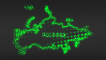 Neon Green Russia Map Outline Futuristic Digital Glow Halftone Illustration
