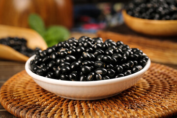Black Soybeans in Bowl on Wood Kitchen Counter Display