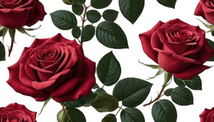 Seamless Pattern of Red Roses and Green Leaves on Black isolated on a transparent background