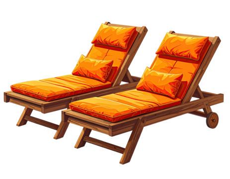 Two orange cushioned sun loungers