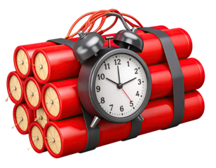 Red dynamite sticks bundled together with a black alarm clock