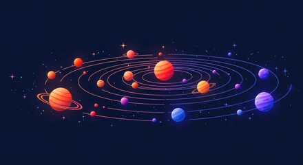 Obraz premium A colorful graphic representation of planets orbiting a central point, with glowing details and delicate orbiting lines.