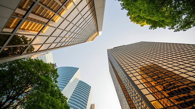 Architectural perspective of modern skyscrapers with reflective facades and lush green trees in a cityscape