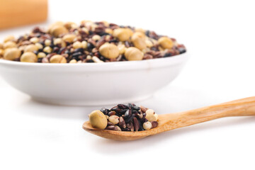 Eight Grain Mixed Bean Porridge Ingredients with Black Beans Soybeans and Peanuts in White Bowl