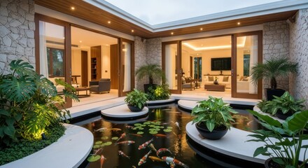 Modern Tropical Courtyard with Fish Pond.