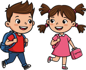 Cartoon Boy and Girl Walking to School with Backpacks – Cute Kids Vector Illustration for Education, Learning, and Childhood Concepts