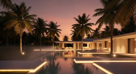 Modern Tropical Villa with Illuminated Pool at Sunset.