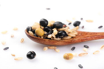 Mixed Black Beans Grains Cereals Wooden Spoon Healthy Protein Ingredients White Background