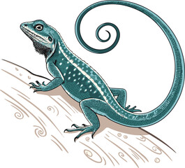 Cartoon Lizard with Spiral Tail Climbing on Branch Illustration