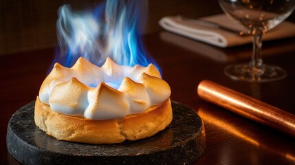 Gourmet baked alaska with perfectly toasted meringue and spectacular blue flame dining experience