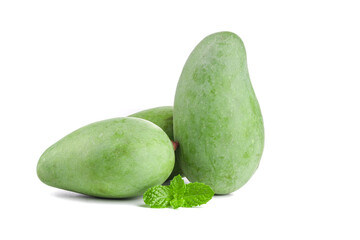 Fresh Raw Green Mangoes with Mint Leaves Isolated on White Background Guangxi Tropical Fruit
