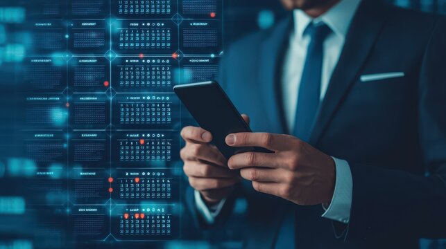 A businessman holds a smartphone, surrounded by a digital calendar interface, symbolizing time management and technology in the workplace.