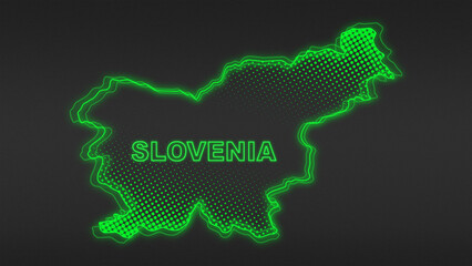 Neon Green Slovenia Map Outline Futuristic Digital Glow Halftone Illustration