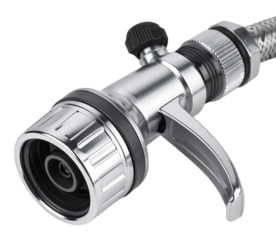 closeup of water hose pump nozzle in silver color isolated on white background