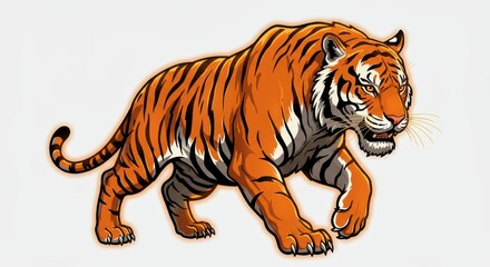 Obraz premium A powerful tiger, highlighted with orange and black stripes, strides majestically across a neutral background.