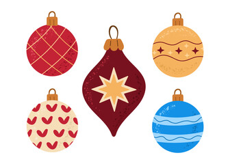 Christmas ornaments with colorful baubles in red, gold, blue, and burgundy, decorated with festive patterns and stars. Holiday design perfect for Christmas clipart, winter greeting cards.