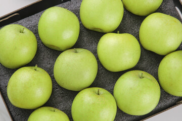 Fresh Green Apples in Wooden Crate - Healthy Organic Fruit Collection