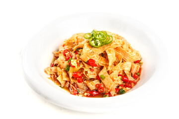 Spicy Asian Rice Noodle Stir Fry with Vegetables on White Background