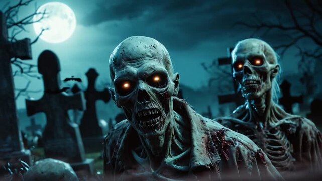 A group of undead creatures stroll through a graveyard under the cover of darkness