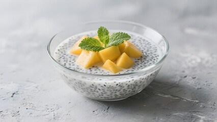 Chia pudding with mango, coconut milk, mint and fresh mango on gray background, copy space for text.