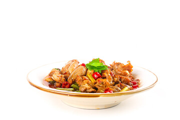 Spicy Bullfrog Legs Stir Fry with Vegetables on White Plate Asian Cuisine Dish