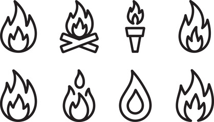 Fire and Flame Icons Set Outlined Vector Illustration for Warmth and Energy Concepts