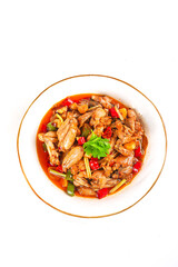 Spicy Bullfrog Stir-Fry with Red Peppers in White Bowl on White Background