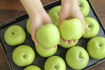 Fresh Green Apples in Hands from Wooden Display Tray - Healthy Organic Fruit Selection