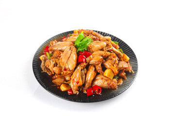 Spicy Bullfrog Legs Stir Fry with Red Peppers on Black Plate White Background Asian Cuisine