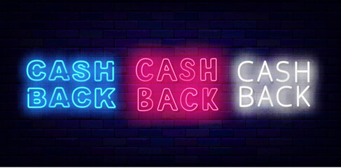 Cash back neon labels collection. Retail special offer. Gift for buying. Vector stock illustration