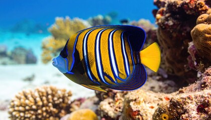 Regal Angelfish Swimming Among Coral Reefs with Underwater Marine Life.