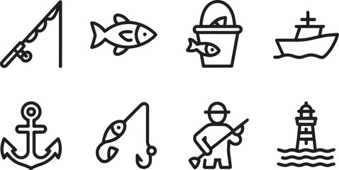 Fishing Catch Icons Set Outlined Vector Illustration for Outdoor Recreation and Nautical Themes