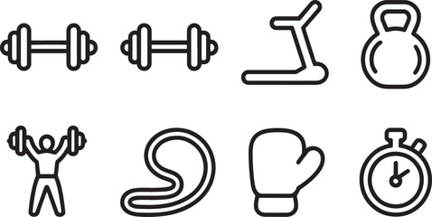 Fitness and Workout Icons Set Dumbbell Treadmill Kettlebell Weightlifting Boxing Stopwatch