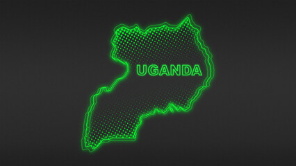 Neon Green Uganda Map Outline Futuristic Digital Glow Halftone Illustration