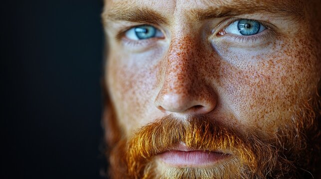 Close-up redhead man with freckles and blue eyes, intense stare, dark background