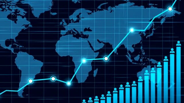 Global financial growth chart with rising bars and world map background - Powered by Adobe