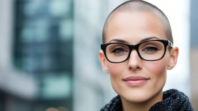Confident woman with glasses and shaved head poses in a city street during the day