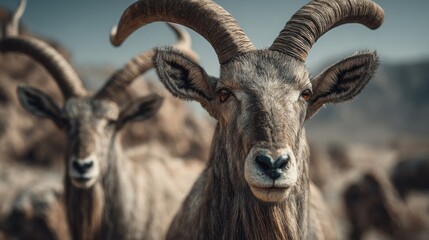Fototapeta premium Majestic Mountain Goats face portrait gazing in natural environment