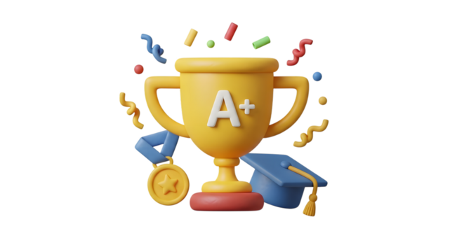 Golden trophy with a grade, medal, and graduation cap, isolated on transparent background
