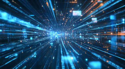 Digital Data Flow in a Futuristic Tunnel