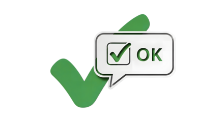 Green check mark and ok text in speech bubble, isolated on transparent background
