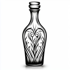 Elegant decorative bottle, graceful black and white, with a heart-shaped floral pattern on a white background with copy space