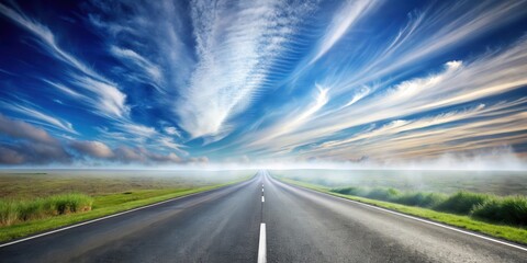 A winding asphalt road stretches through a vast open sky with fluffy white clouds and a few wispy strands of cirrus fog