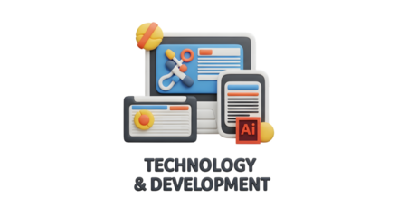 3d illustration of technology and development concept with computer, tablet, and mobile phone isolated on transparent background