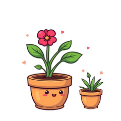 Fototapeta premium Kawaii Cartoon Plants in Cute Flower Pots Bright Indoor Setting Whimsical Illustration Cheerful Vibe Isolated on transparent background 