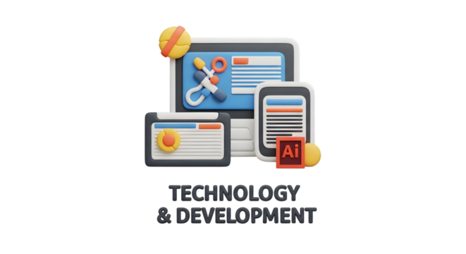 3d illustration of technology and development concept with computer, tablet, and mobile phone isolated on transparent background