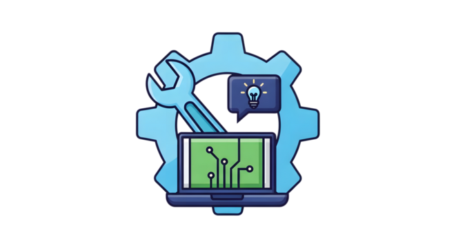 Digital technology concept with a laptop, circuit board, wrench, and lightbulb idea icon, isolated on transparent background
