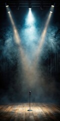 A dimly lit empty performance stage with a single spotlight shining down from the ceiling amidst swirling smoke and fog