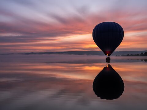 Dark blue hot air balloon floating over a misty lake at sunrise with colorful sky reflection airship