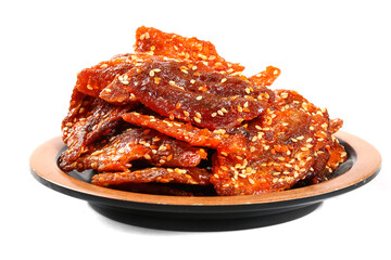 Spicy Honey Glazed Yellowtail Fish Jerky with Sesame Seeds on White Background